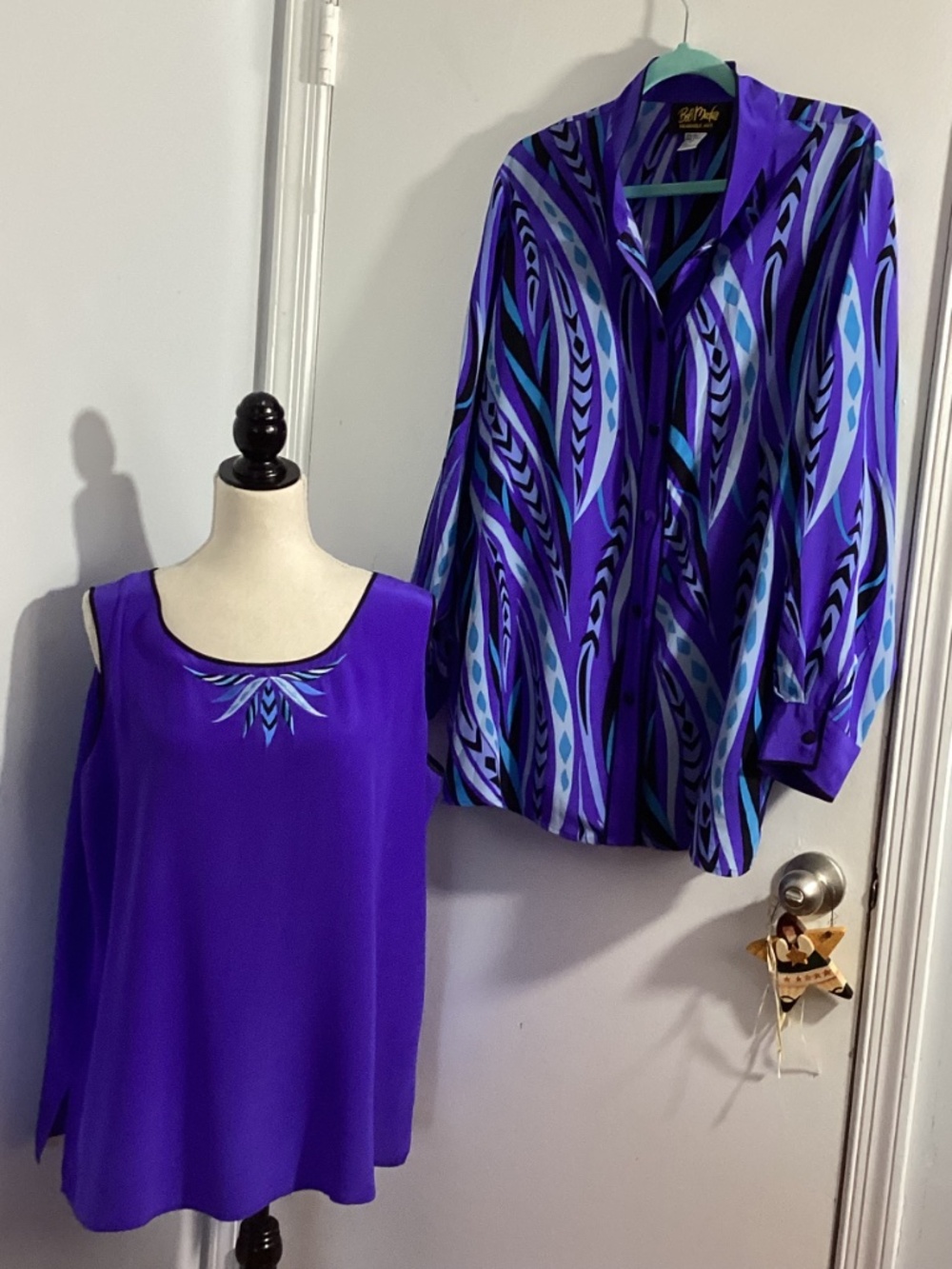 VTG BOB MACKIE WEARABLE ART PLUS 1X 100% SILK TWINSET TANK TOP TUNIC BLUE PURPLE - Picture 2 of 15